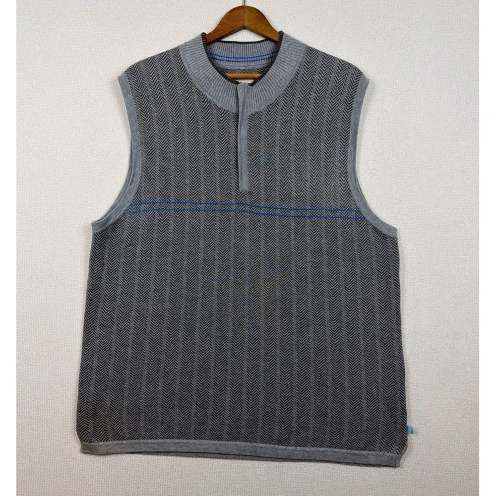 Tommy Bahama Mens Sweater Vest Gray Herringbone Quarter Zip XL Preppy CasualGolf